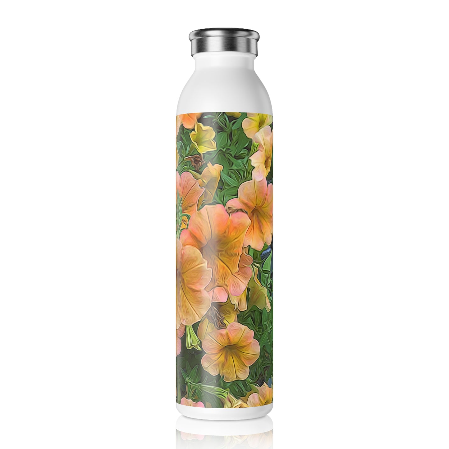 Peach Petunias Slim Water Bottle, Eco-Friendly Hydration, Perfect for Fitness Lovers, Summer Picnics, Gift for Gardeners, Stylish Reusable Bottle