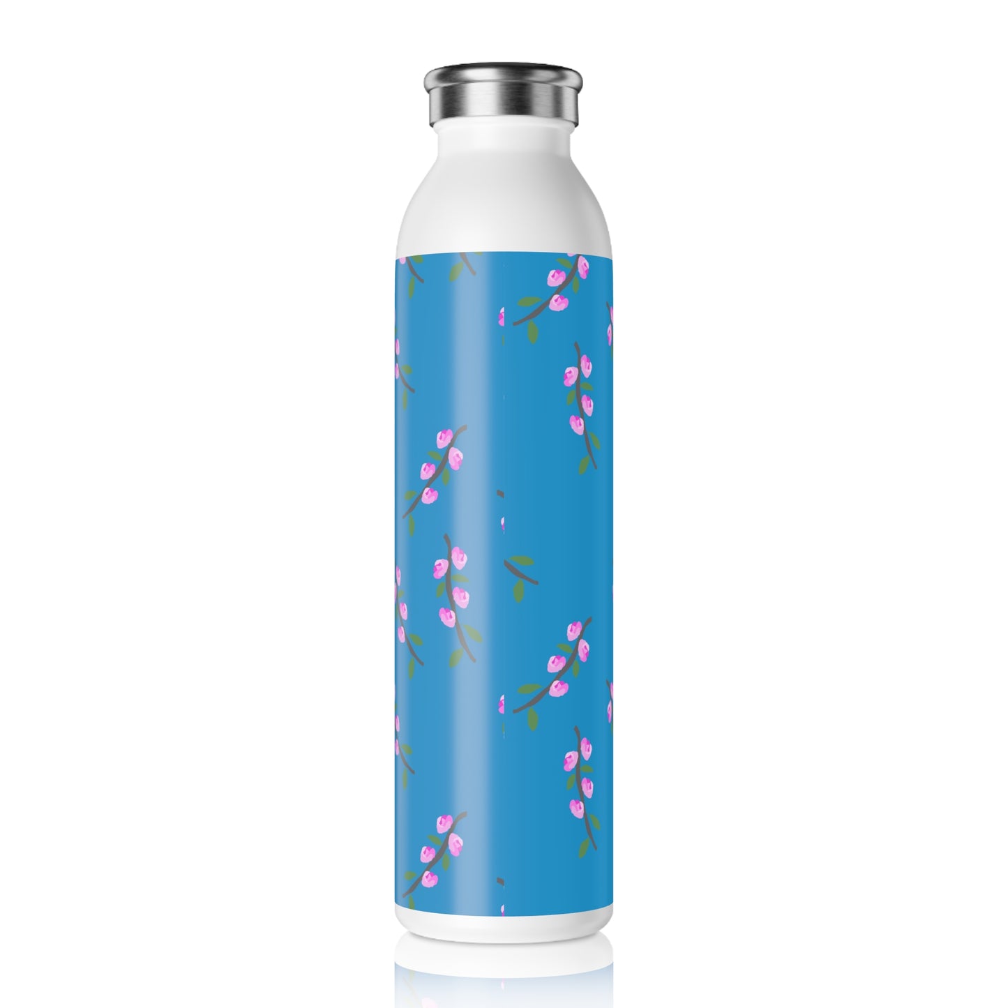 Pink Flower Branches Slim Water Bottle — Blue Pink Blossom Stainless Steel Bottle