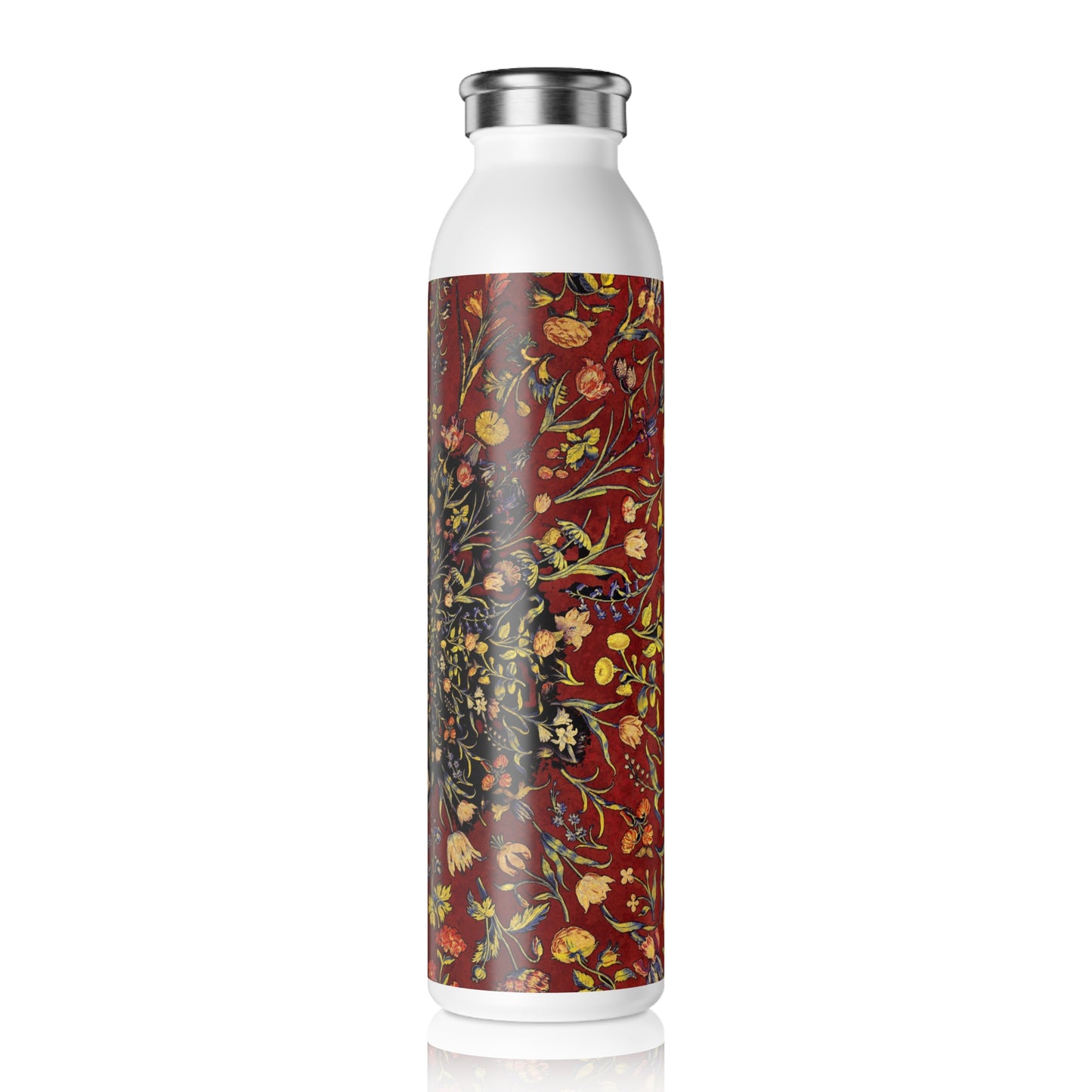 Medieval Flowers On Red Slim Water Bottle - Eco-Friendly Hydration, Perfect for Gym, Travel, Gift, Summer, Everyday Use