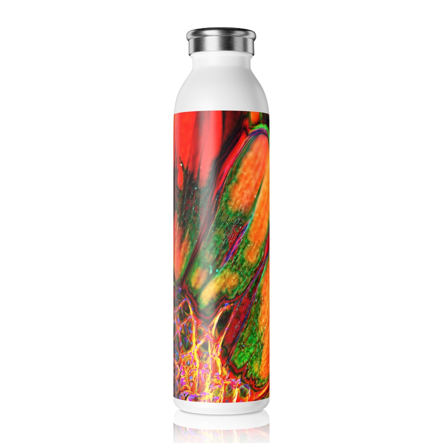 Abstract Psychedelic Orange Gerber Daisy Slim Water Bottle - Vibrant Bubble Design, Eco-Friendly Hydration, Gift for Nature Lovers, Workout Companion, Travel Mug
