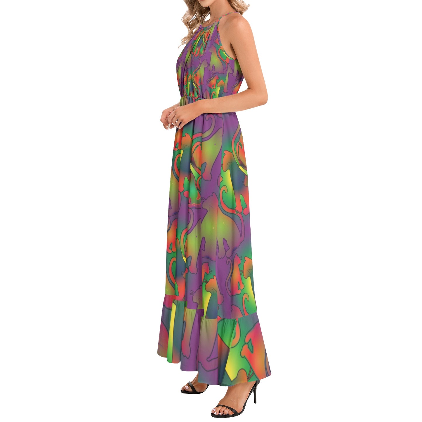 Abstract Cats Ruffle Hem Halter Neck Maxi Dress