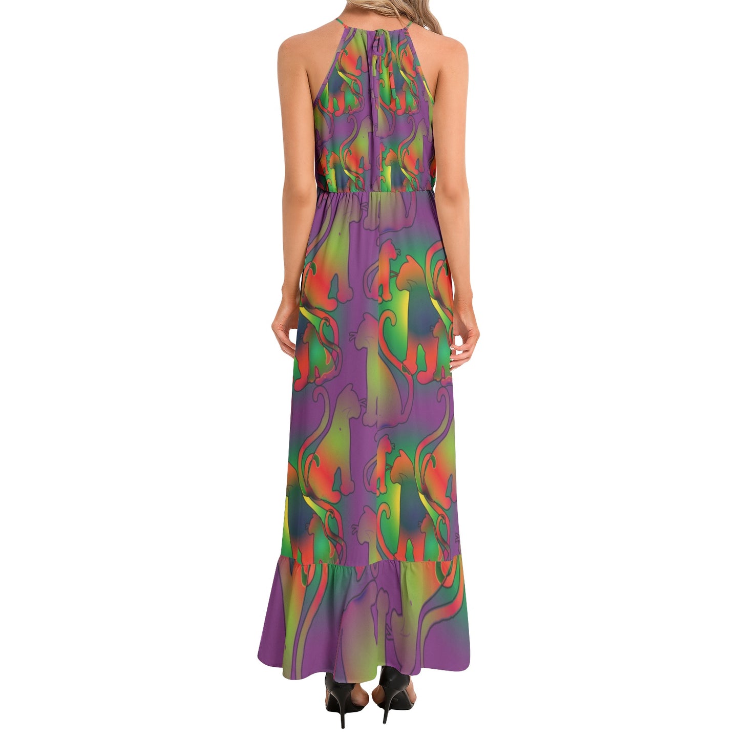 Abstract Cats Ruffle Hem Halter Neck Maxi Dress