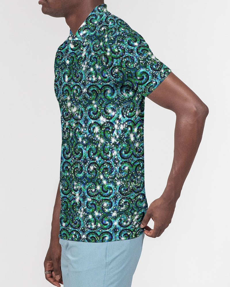 Blue Ice Sparkle Swirl Men's All-Over Print Slim Fit Short Sleeve Polo