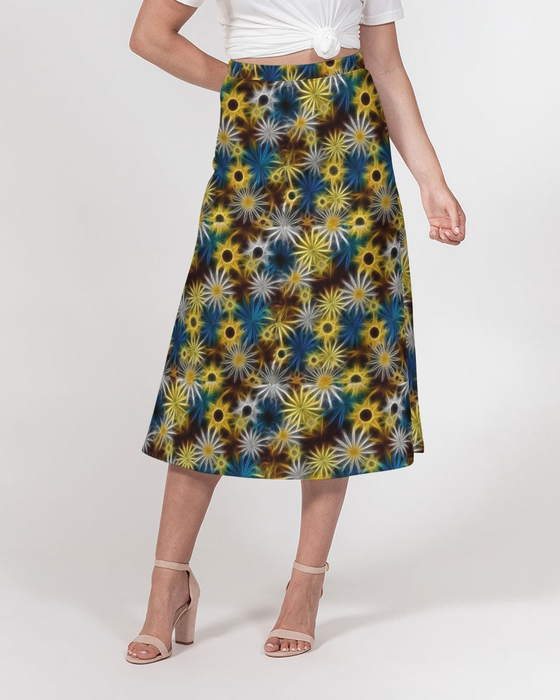 Blue and Yellow Glowing Daisies Women's All-Over Print A-Line Midi Skirt