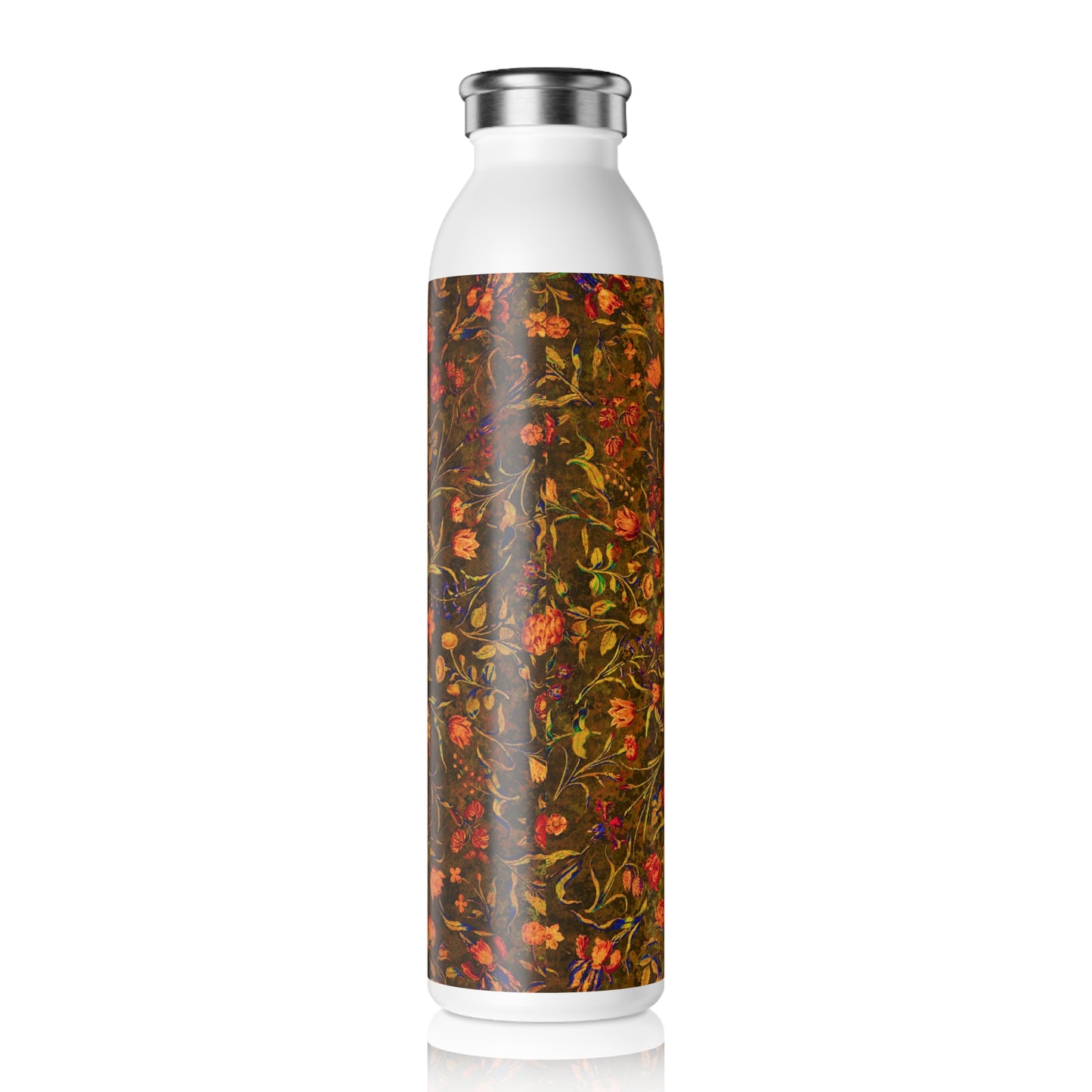 Medieval Flowers on Yellow Slim Water Bottle - Eco-Friendly Drinkware, Personalized Gift, Hydration Companion, Fitness Essential, Stylish Travel Mug