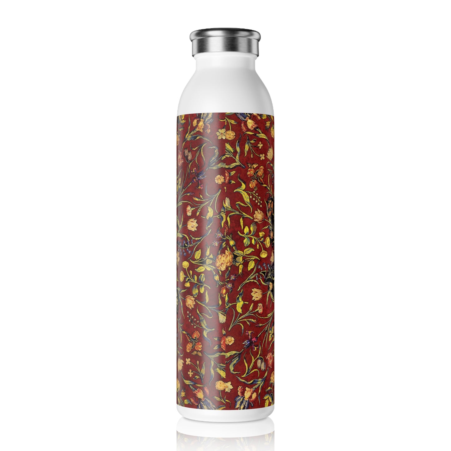 Medieval Flowers On Red Slim Water Bottle - Eco-Friendly Hydration, Perfect for Gym, Travel, Gift, Summer, Everyday Use