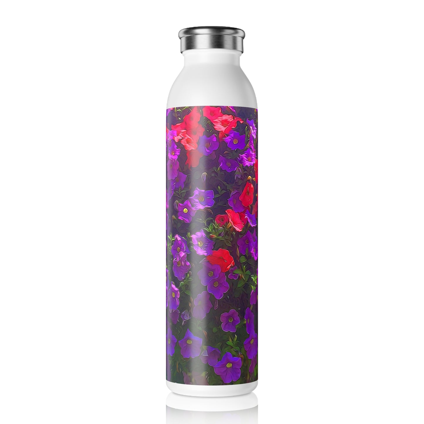 Pile of Petunias Slim Water Bottle - Eco-Friendly Hydration, Perfect for Fitness, Travel, Gifts, Summer, Gardening