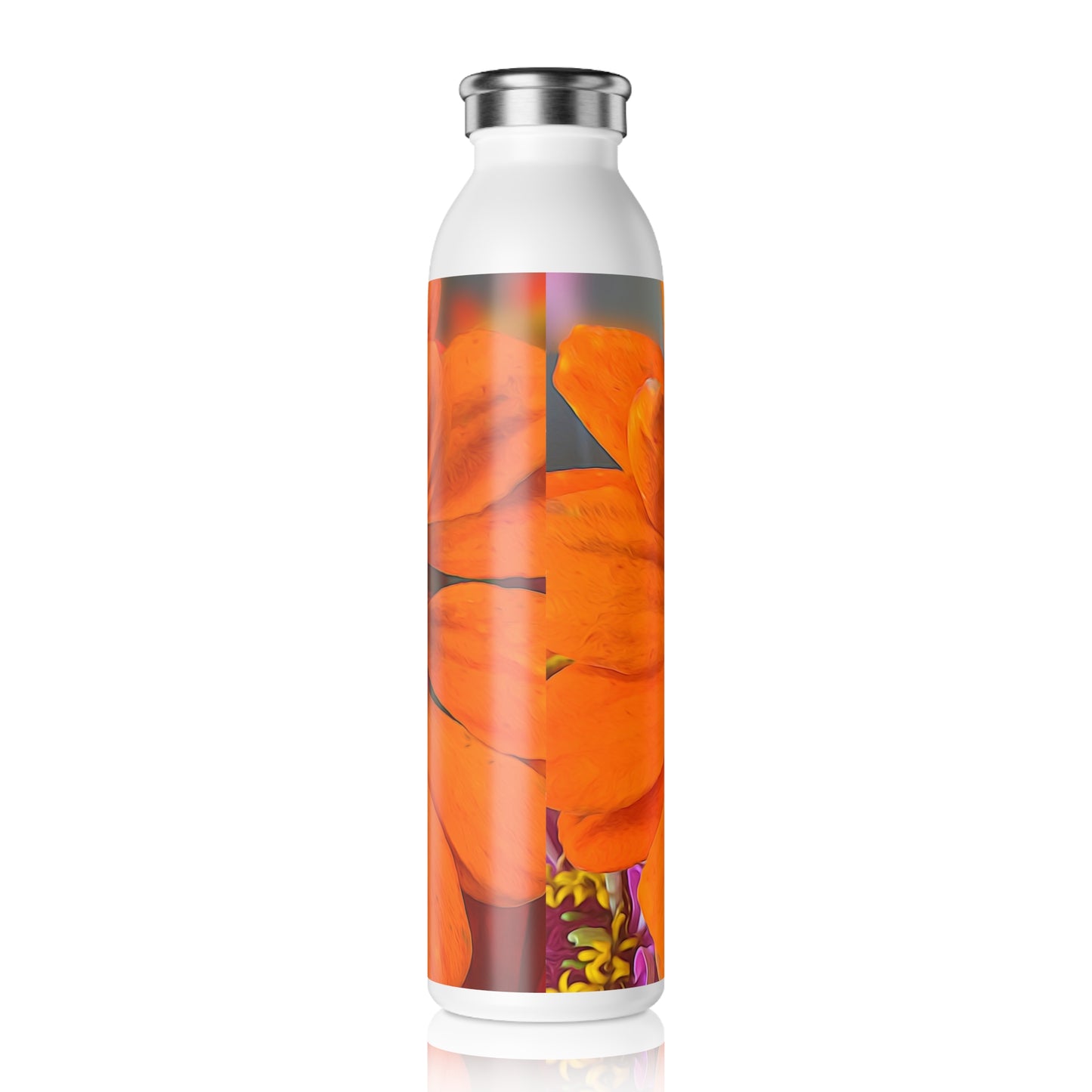 Orange and Yellow Flower Detail Slim Water Bottle, Eco-Friendly Hydration, Floral Gift for Outdoor Lovers, Fitness Accessory, Summer Water Bottle