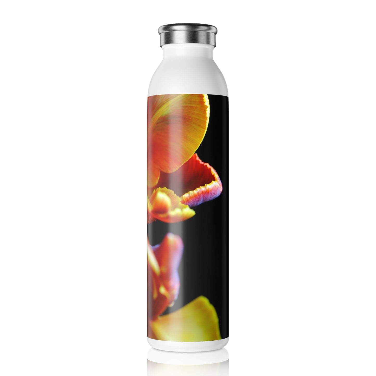Orange Open Parrot Tulips Slim Water Bottle - Eco-Friendly Drinkware, Hydration Companion, Fitness Gift, Travel Mug, Unique Floral Design