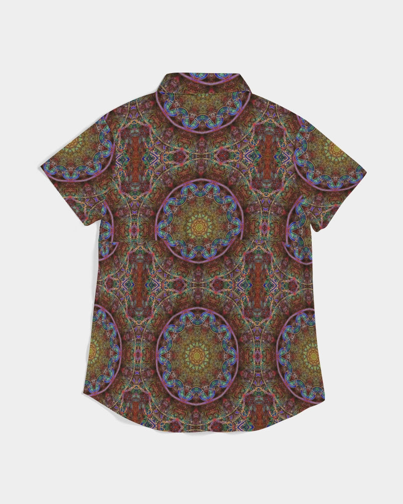 Blue Pink Windy Kaleidoscope Women's All-Over Print Short Sleeve Button Up