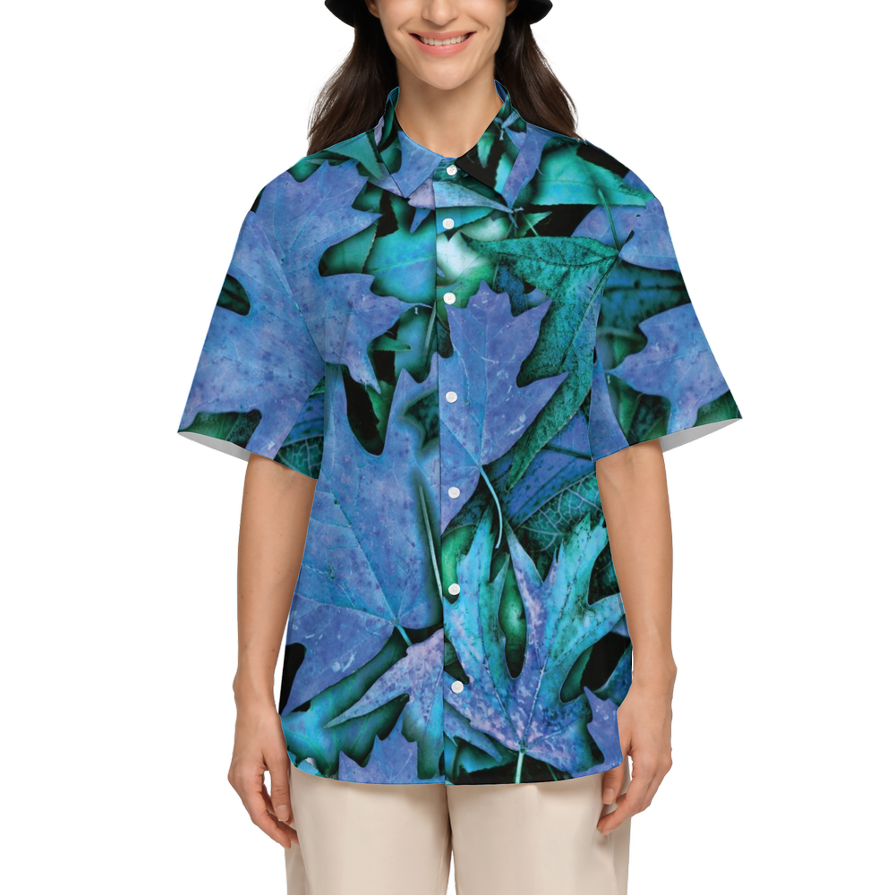 Fall Leaves Blue Women's Short-Sleeve Button-Up Shirt-Cotton Feel