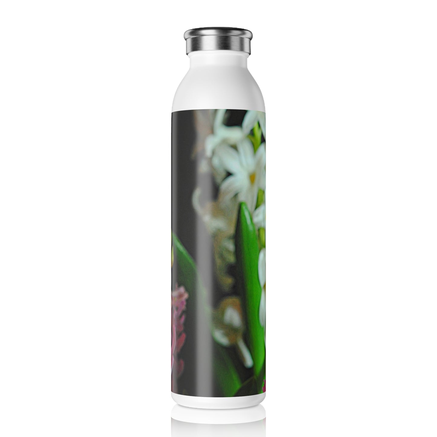 Pink and White Hyacinths Slim Water Bottle - Stylish Hydration for Nature Lovers, Travel Mug, Gift for Gardeners, Eco-Friendly Drinkware, Hydration on the Go