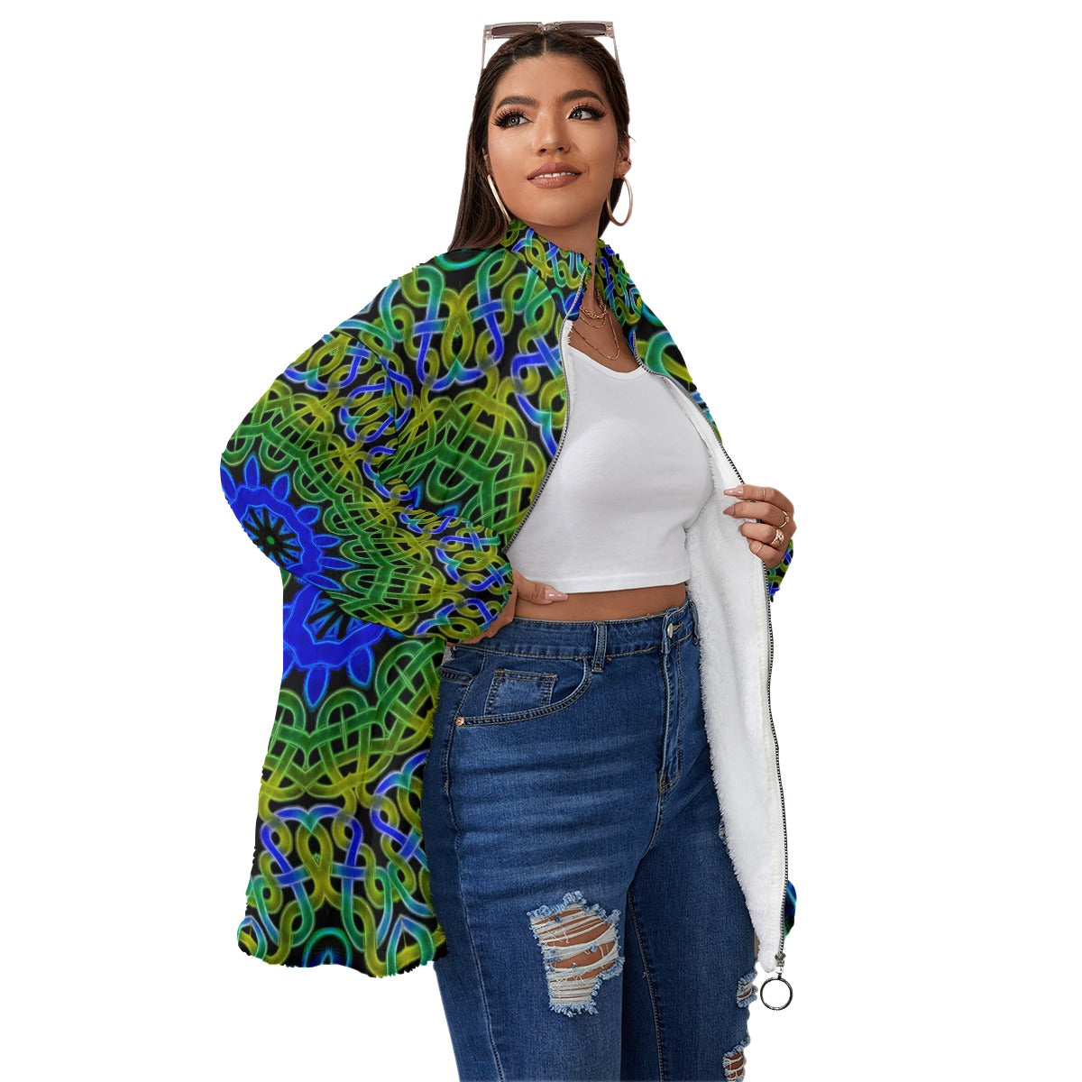 Blue Green Celtic Knot Unisex Borg Fleece Stand-up Collar Coat With Zipper Closure(Plus Size)