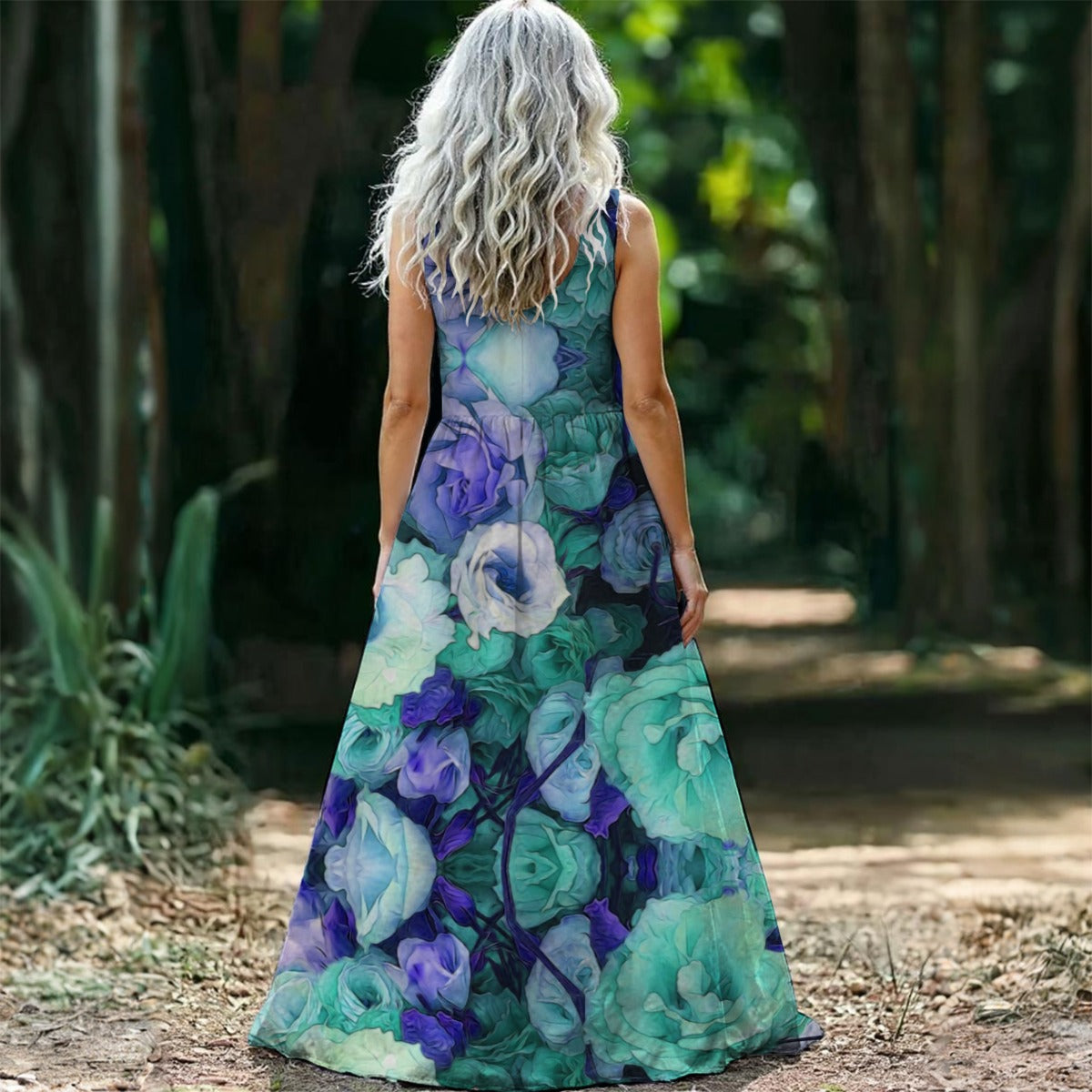 Aqua Flower Kaleidoscope All-Over Print Women’s Sleeveless Maxi Dress