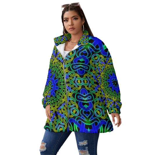 Blue Green Celtic Knot Unisex Borg Fleece Stand-up Collar Coat With Zipper Closure(Plus Size)