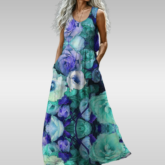 Aqua Flower Kaleidoscope All-Over Print Women’s Sleeveless Maxi Dress