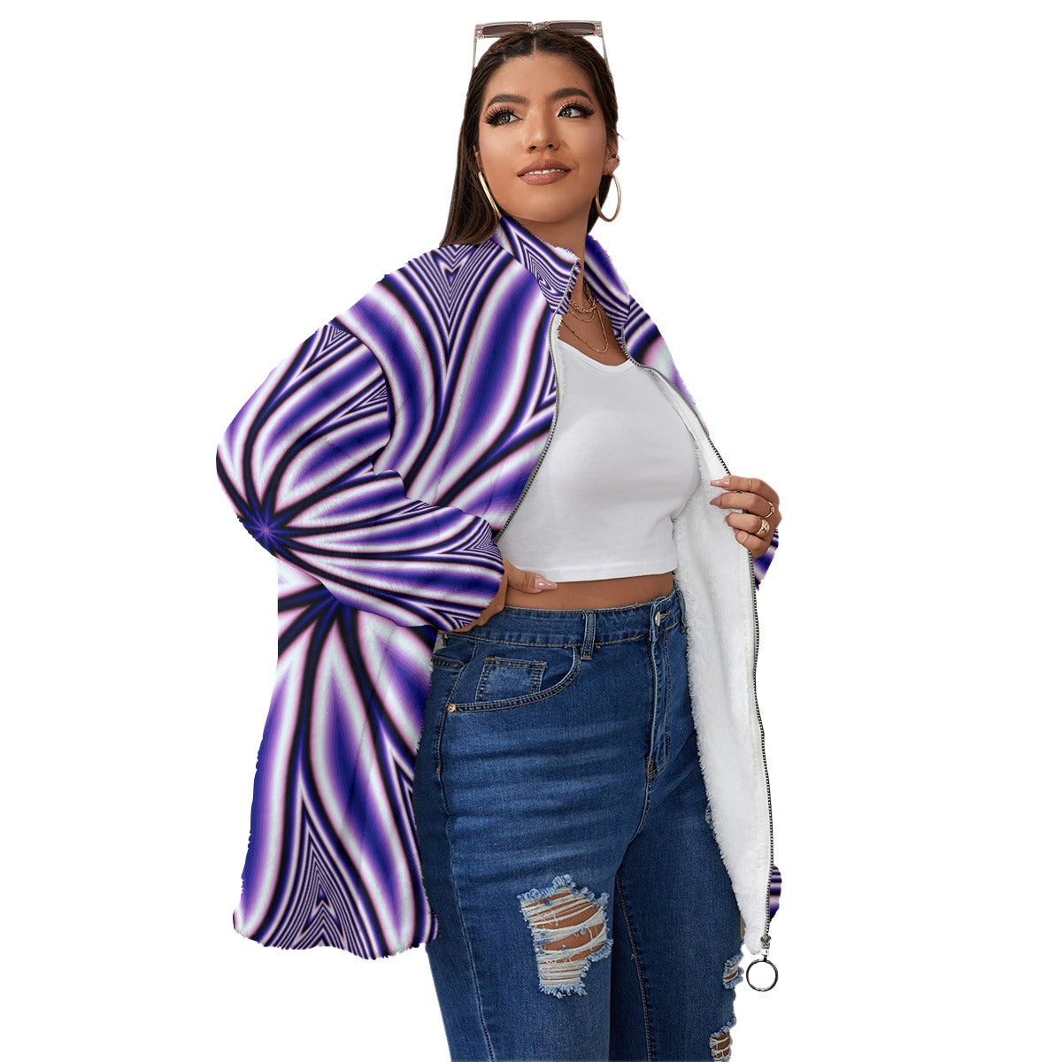 Blue Fractal Flower Unisex Borg Fleece Stand-up Collar Coat With Zipper Closure(Plus Size)