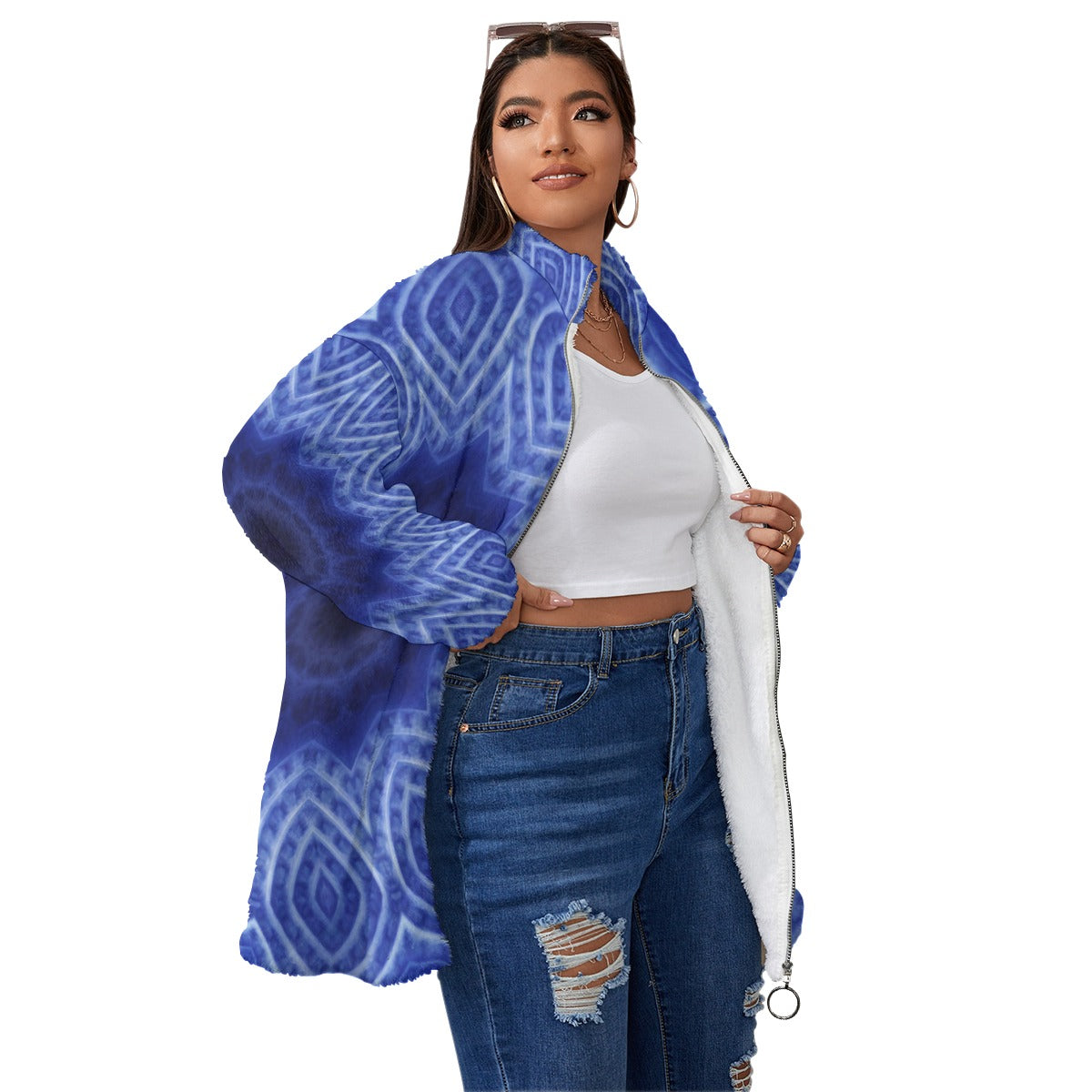 Blue and White Kaleidoscope Unisex Borg Fleece Stand-up Collar Coat With Zipper Closure(Plus Size)