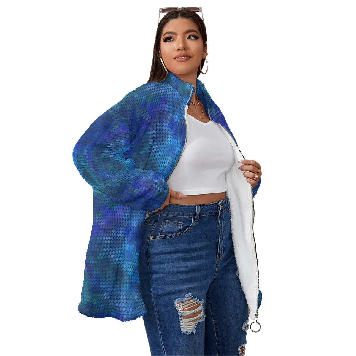 Blue Dragon Scales Unisex Borg Fleece Stand-up Collar Coat With Zipper Closure(Plus Size)