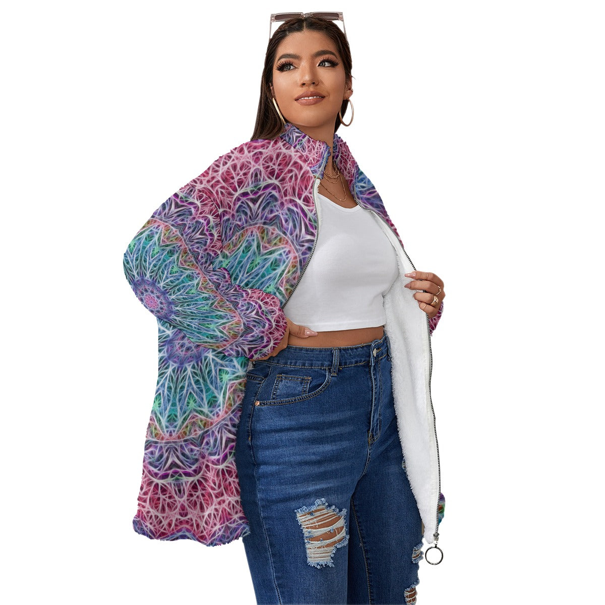 blue and Pink Kaleidoscope Unisex Borg Fleece Stand-up Collar Coat With Zipper Closure(Plus Size)
