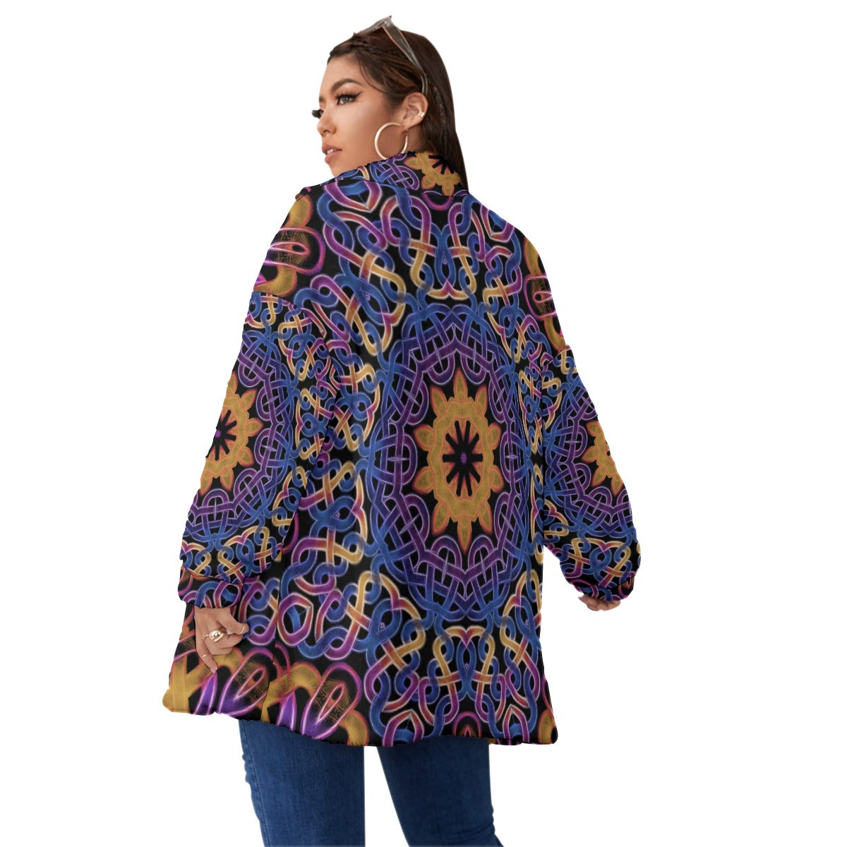 Blue Gold Celtic Kaleidoscope Unisex Borg Fleece Stand-up Collar Coat With Zipper Closure(Plus Size)