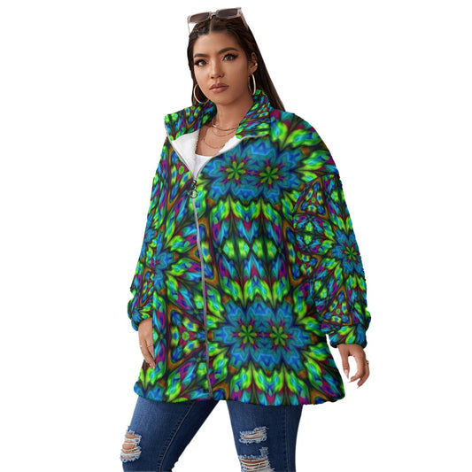 Blue and Green Kaleidoscope Unisex Borg Fleece Stand-up Collar Coat With Zipper Closure(Plus Size)