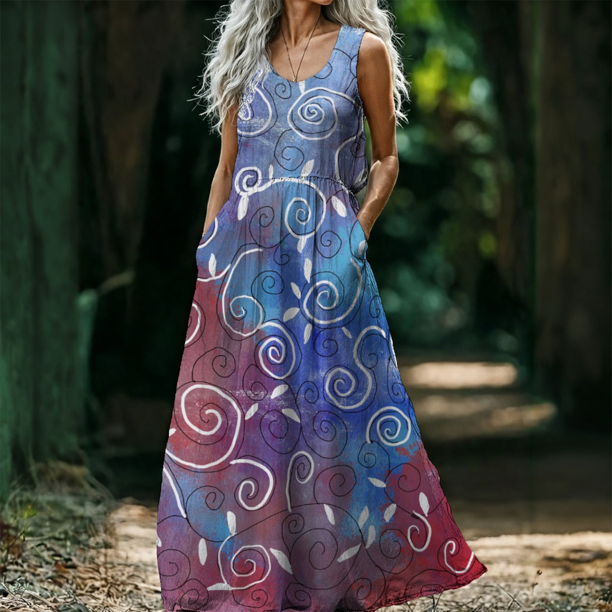 Blue and White Swirl All-Over Print Women’s Sleeveless Maxi Dress