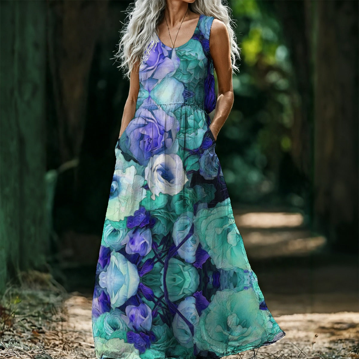 Aqua Flower Kaleidoscope All-Over Print Women’s Sleeveless Maxi Dress