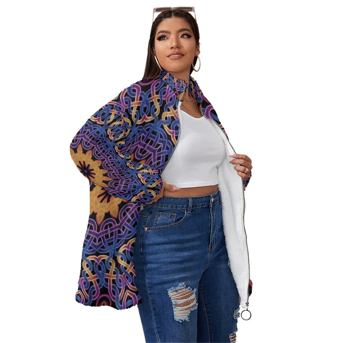 Blue Gold Celtic Kaleidoscope Unisex Borg Fleece Stand-up Collar Coat With Zipper Closure(Plus Size)