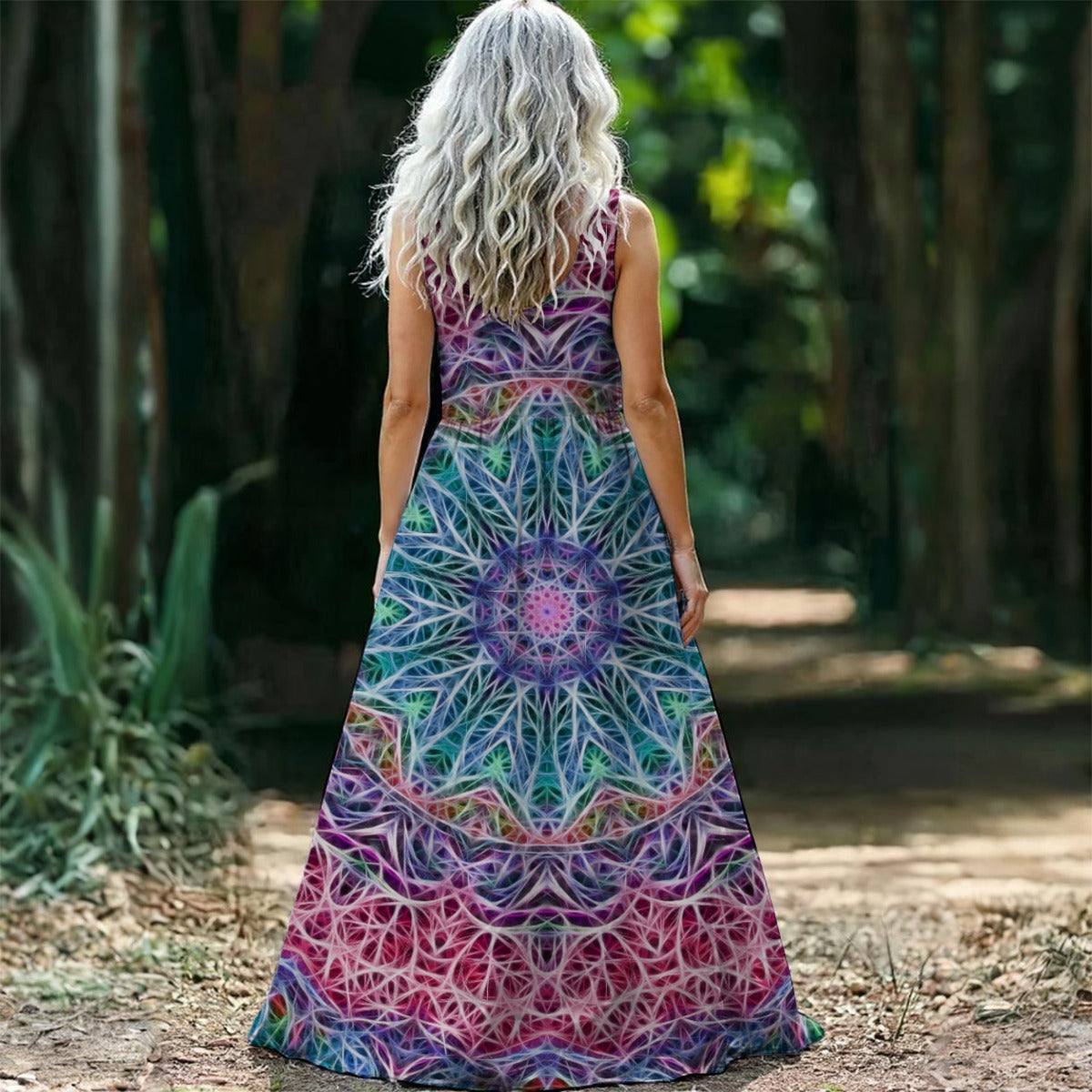 Blue and Pink Kaleidoscope All-Over Print Women’s Sleeveless Maxi Dress