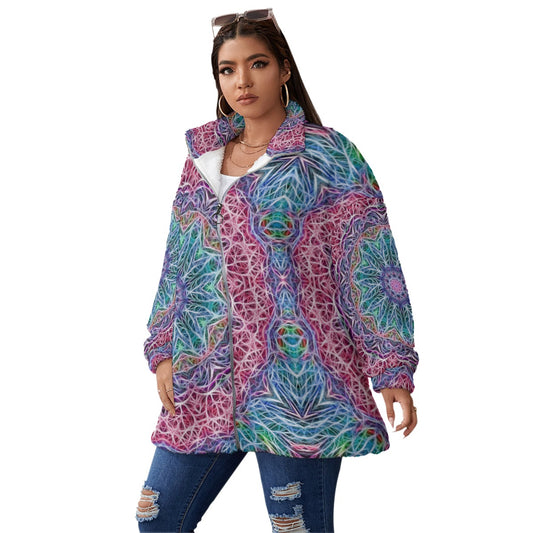 blue and Pink Kaleidoscope Unisex Borg Fleece Stand-up Collar Coat With Zipper Closure(Plus Size)