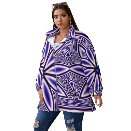 Blue Fractal Flower Unisex Borg Fleece Stand-up Collar Coat With Zipper Closure(Plus Size)