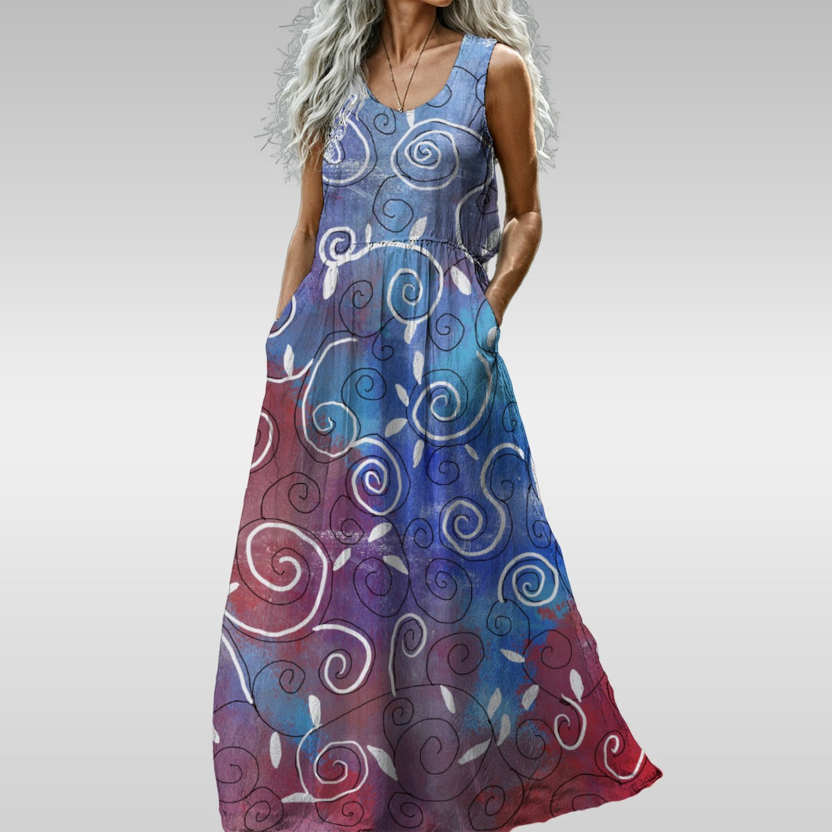 Blue and White Swirl All-Over Print Women’s Sleeveless Maxi Dress