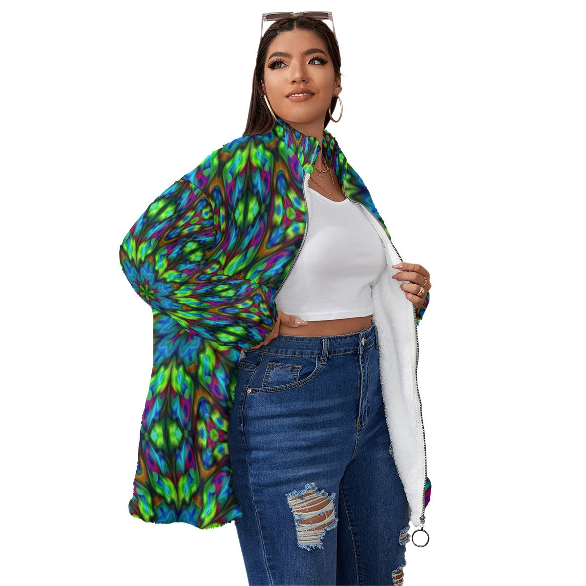 Blue and Green Kaleidoscope Unisex Borg Fleece Stand-up Collar Coat With Zipper Closure(Plus Size)