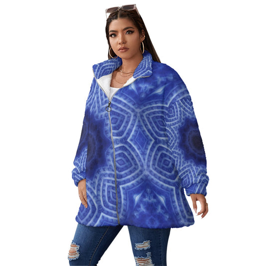 Blue and White Kaleidoscope Unisex Borg Fleece Stand-up Collar Coat With Zipper Closure(Plus Size)