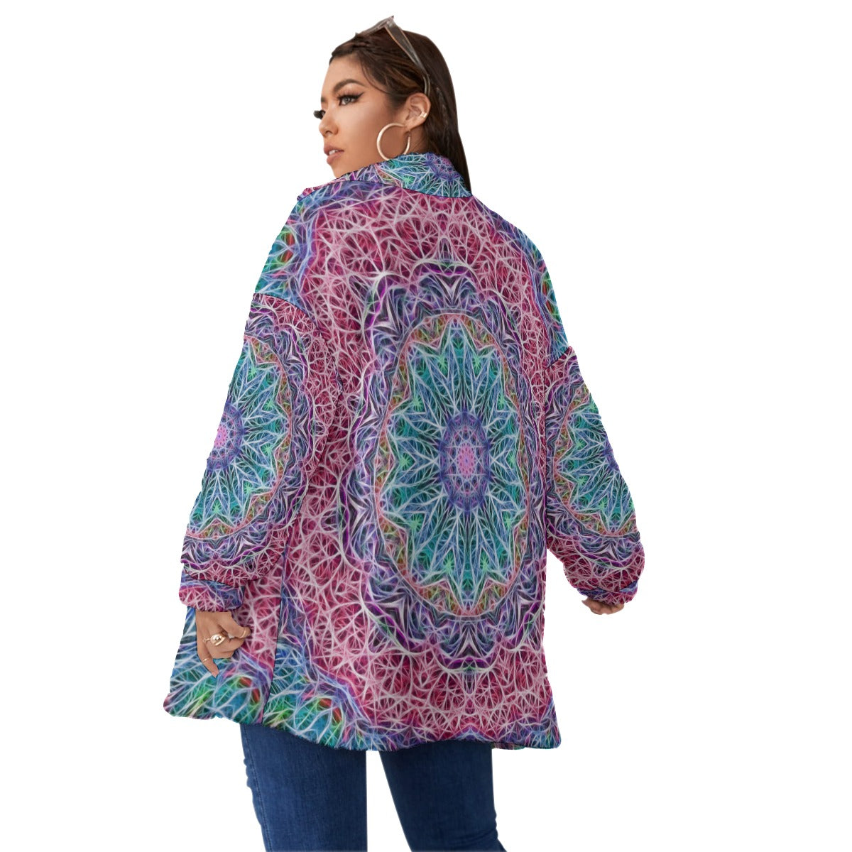 blue and Pink Kaleidoscope Unisex Borg Fleece Stand-up Collar Coat With Zipper Closure(Plus Size)