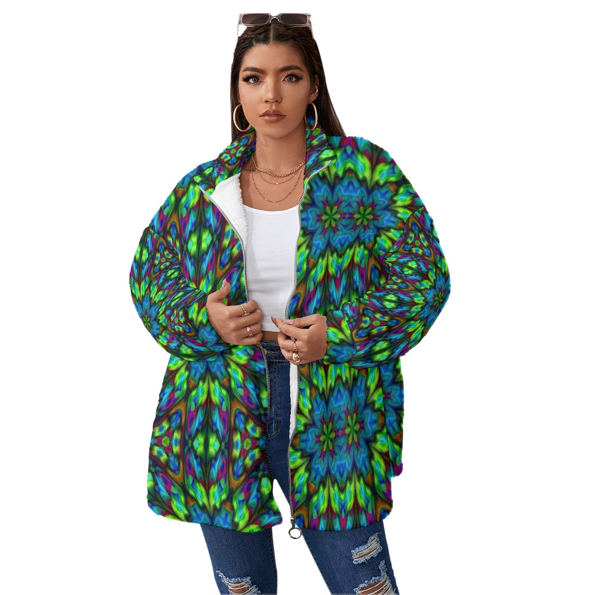Blue and Green Kaleidoscope Unisex Borg Fleece Stand-up Collar Coat With Zipper Closure(Plus Size)