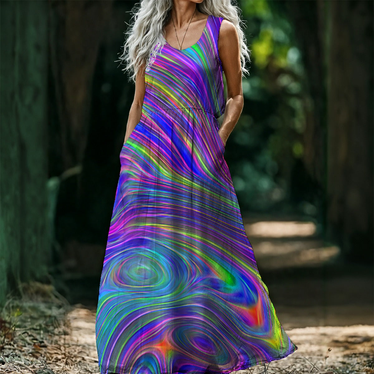 Abstract With Blue All-Over Print Women’s Sleeveless Maxi Dress