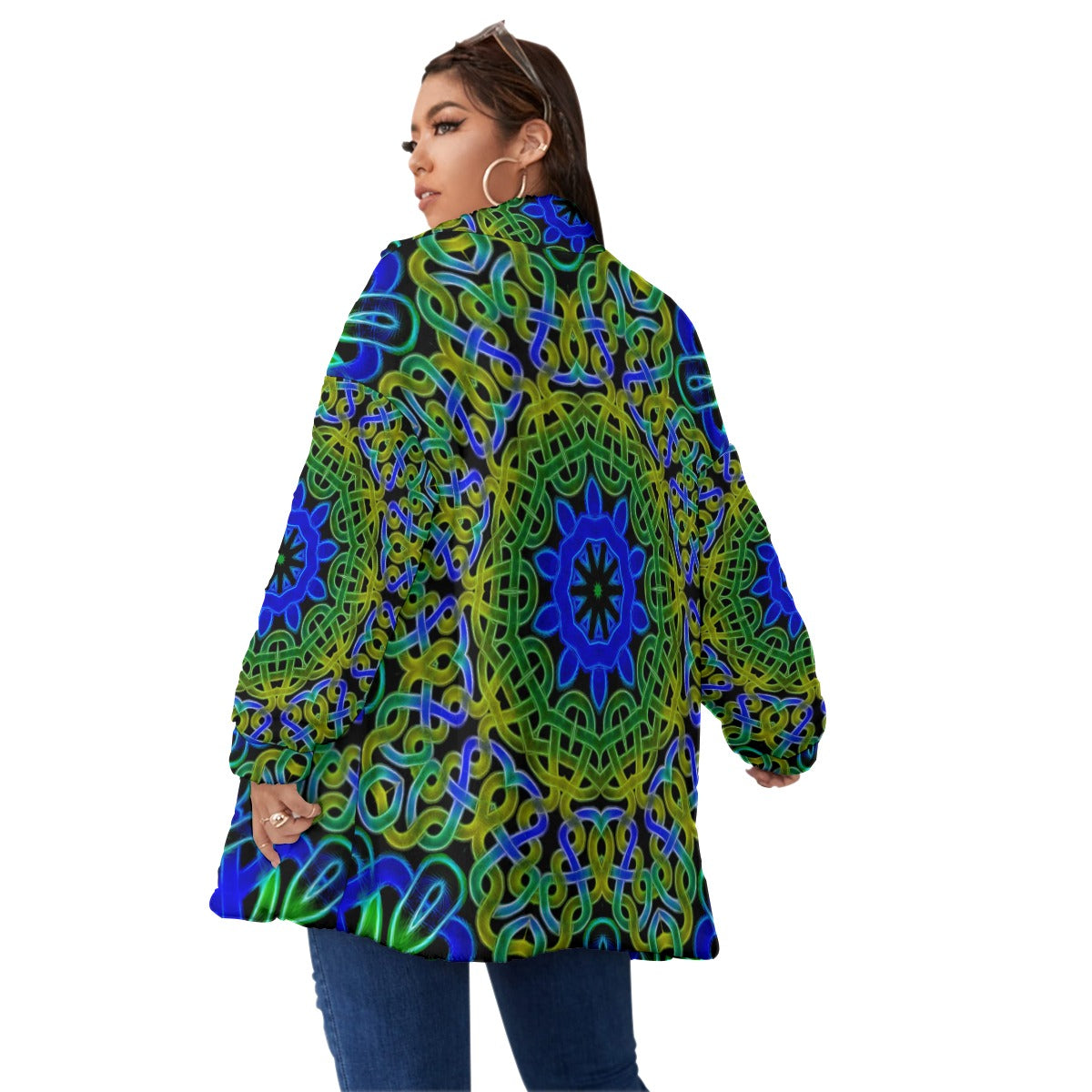 Blue Green Celtic Knot Unisex Borg Fleece Stand-up Collar Coat With Zipper Closure(Plus Size)