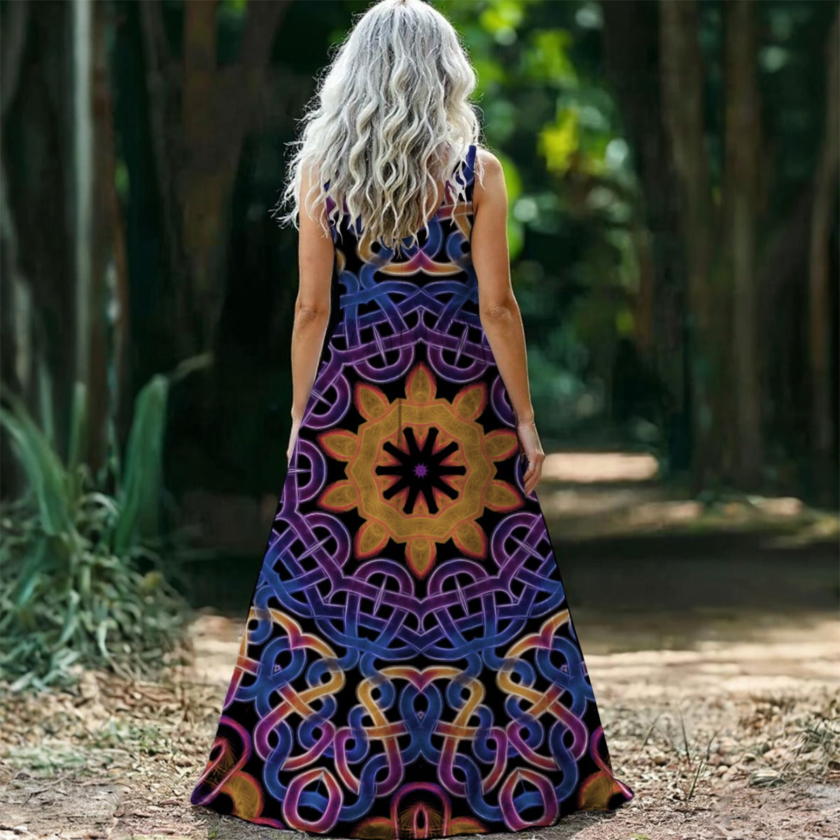 Blue Gold Celtic Kaleidoscope All-Over Print Women’s Sleeveless Maxi Dress
