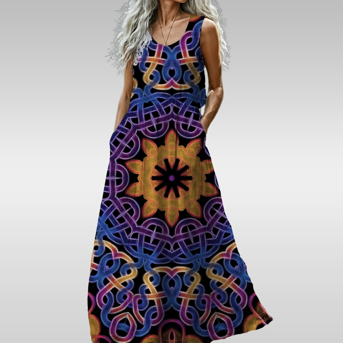 Blue Gold Celtic Kaleidoscope All-Over Print Women’s Sleeveless Maxi Dress