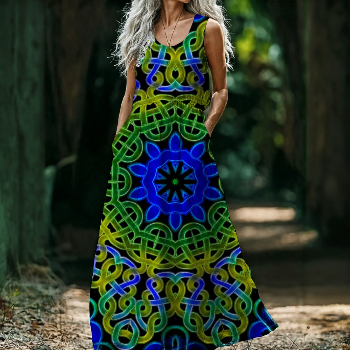 Blue Green Celtic Knot Kaleidoscope All-Over Print Women’s Sleeveless Maxi Dress