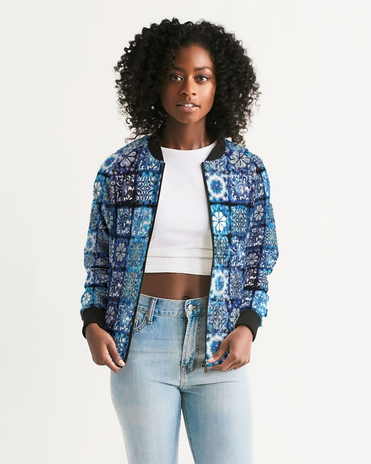 Blue Ice Crystals Motif Women's All-Over Print Bomber Jacket