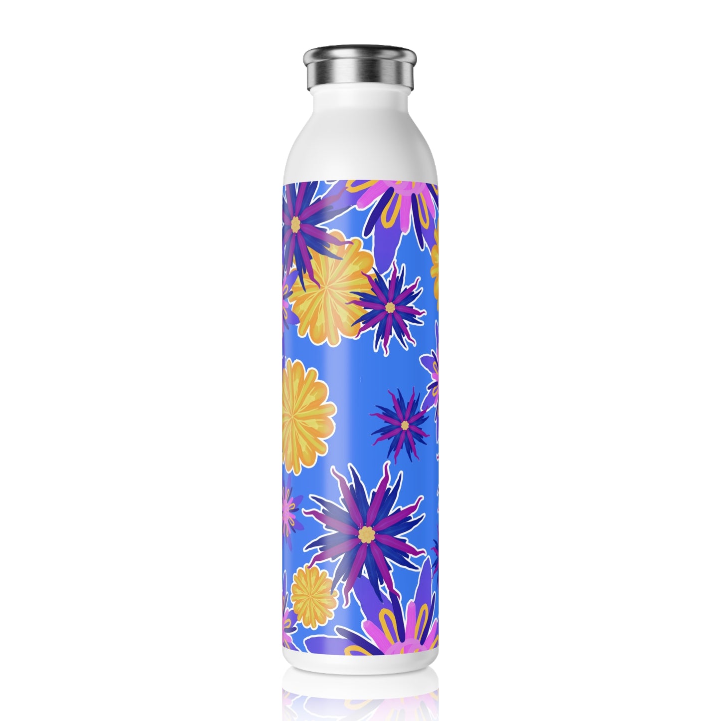 Fanciful Flowers On Powder Blue Slim Water Bottle - Reusable Hydration for Eco-Friendly Living, Summer Adventures, Gym, Yoga, Gift for Her