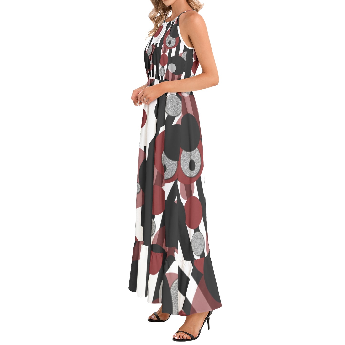 Black and White Stripes Red Dots Ruffle Hem Halter Neck Maxi Dress