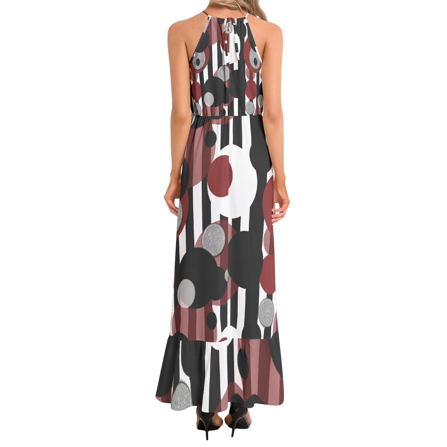 Black and White Stripes Red Dots Ruffle Hem Halter Neck Maxi Dress