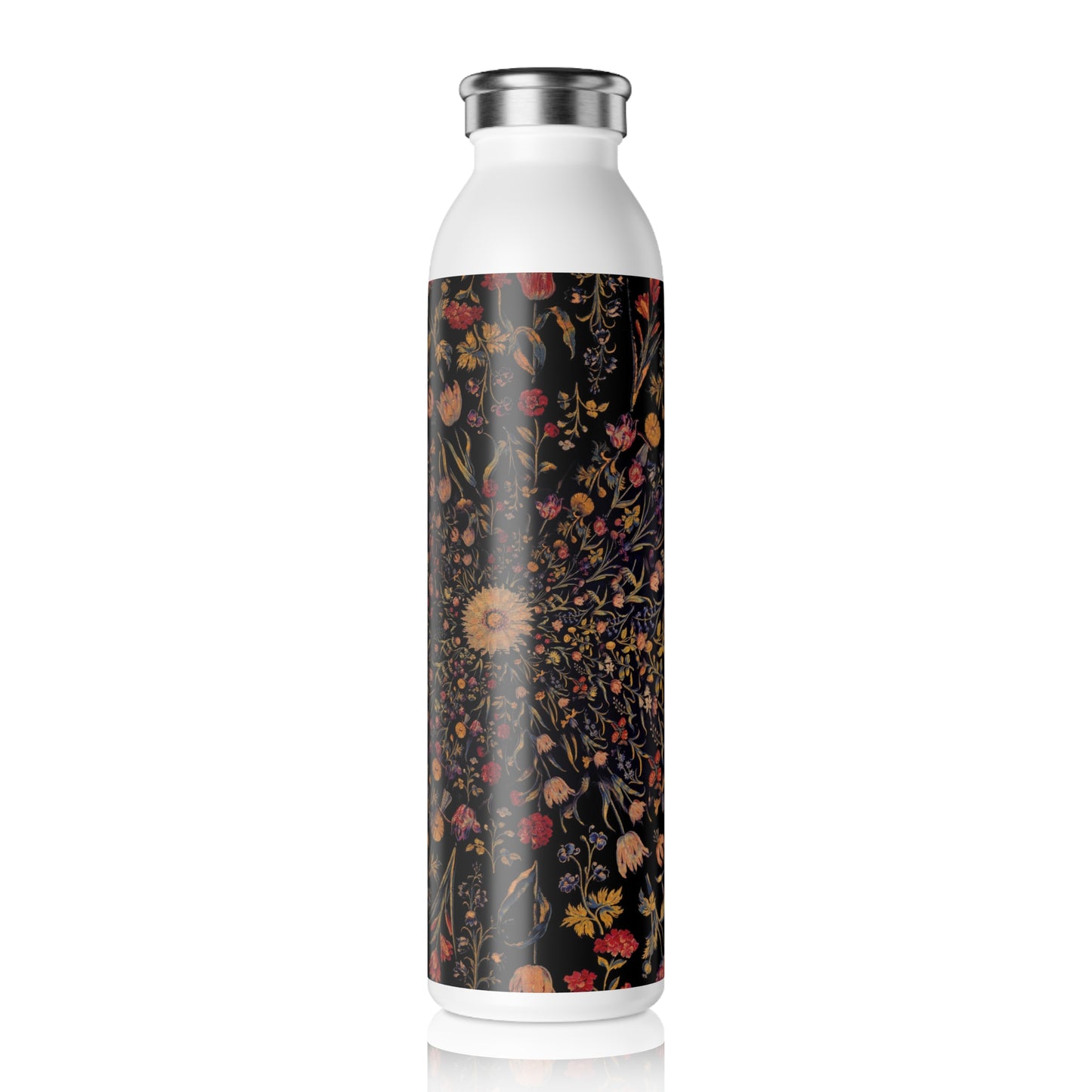 Medieval Flowers On Black Slim Water Bottle - Stylish Drinkware for Yoga, Gifts for Her, Eco-Friendly Hydration, Summer Accessory, Travel Essential