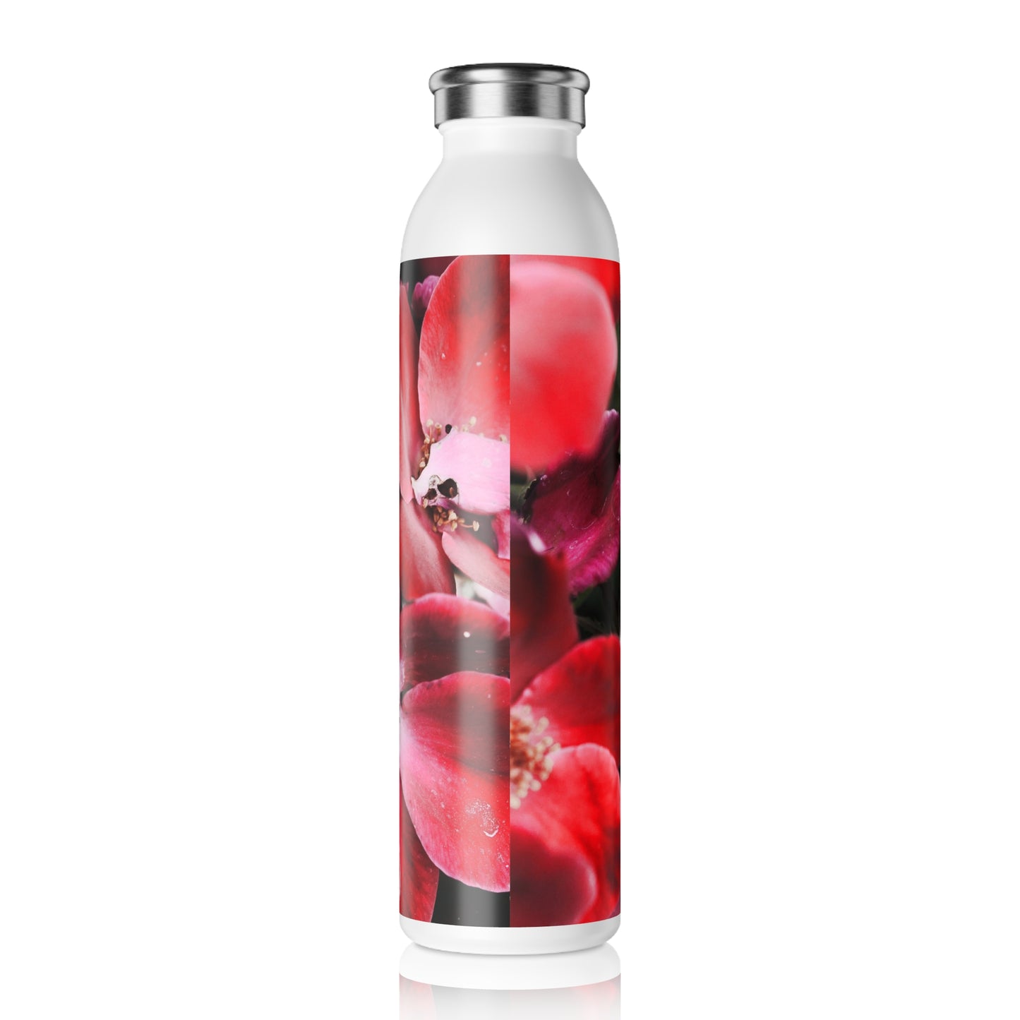 Bright Red Flowers Slim Water Bottle, Eco-Friendly Drinkware, Red Flower Design, Hydration Gift for Her, Summer Accessory, Gym Bottle