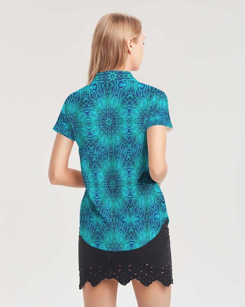 Blue Ice Kaleidoscope Women's All-Over Print Short Sleeve Button Up