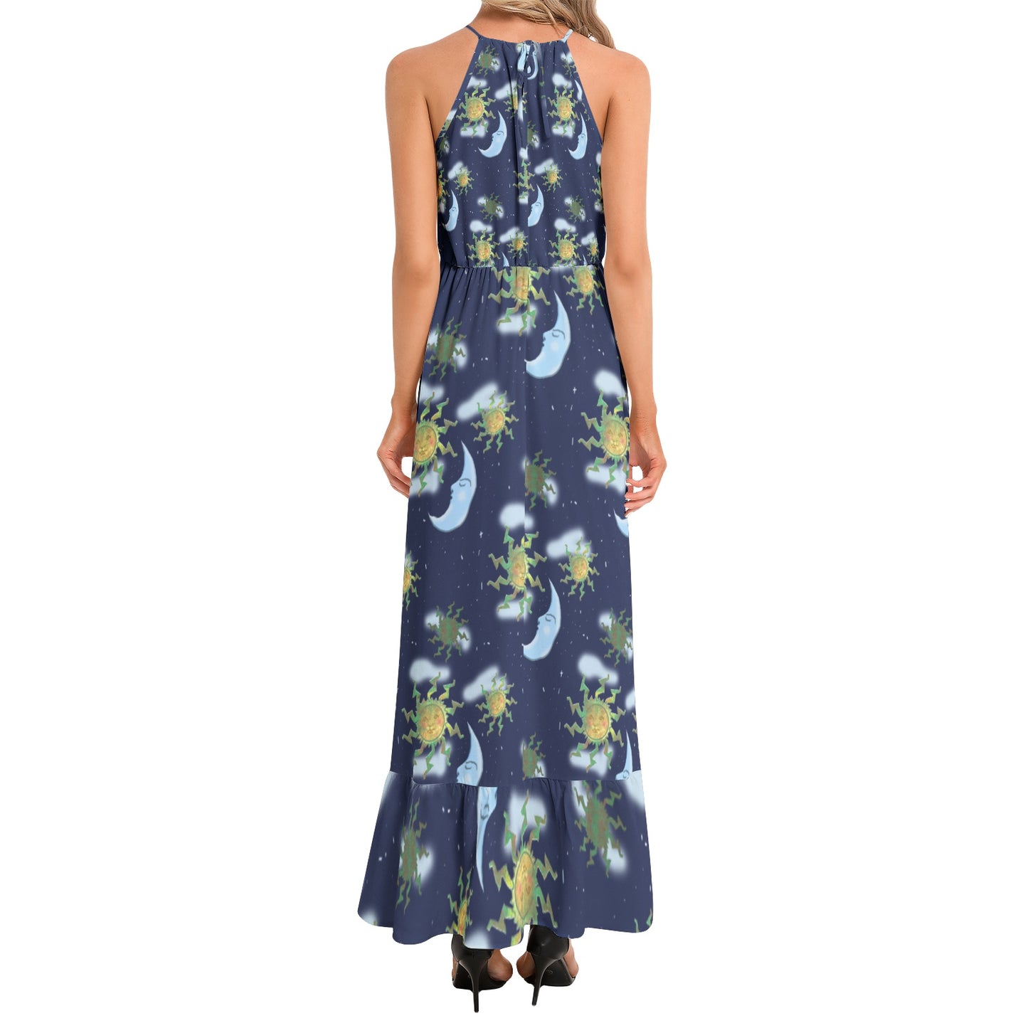 Antique Sun Ruffle Hem Halter Neck Maxi Dress